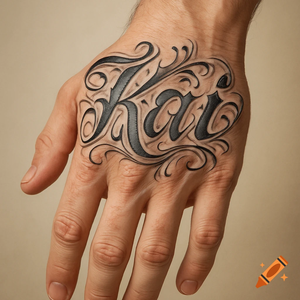 A photorealistic image of a calligraphic black 'Kai' tattoo on a hand.