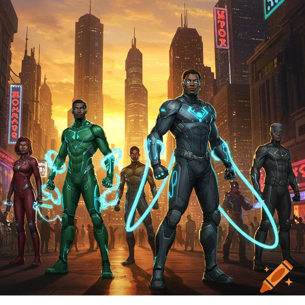 A diverse group of five superheroes in futuristic suits with glowing energy stands in a bustling cityscape at sunset, digital art.