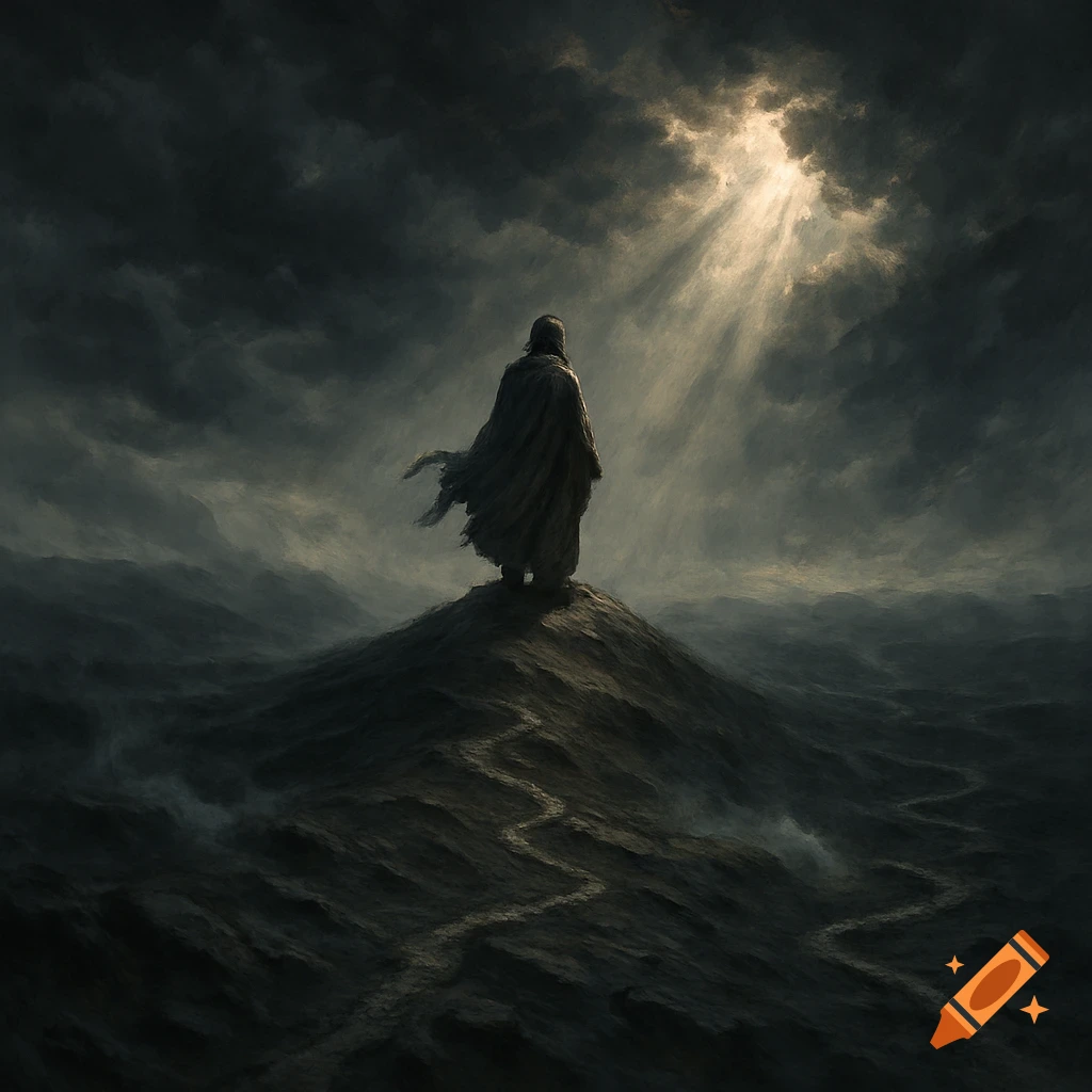 A cloaked figure stands on a peak under a dramatic, stormy sky with a ray of light breaking through.