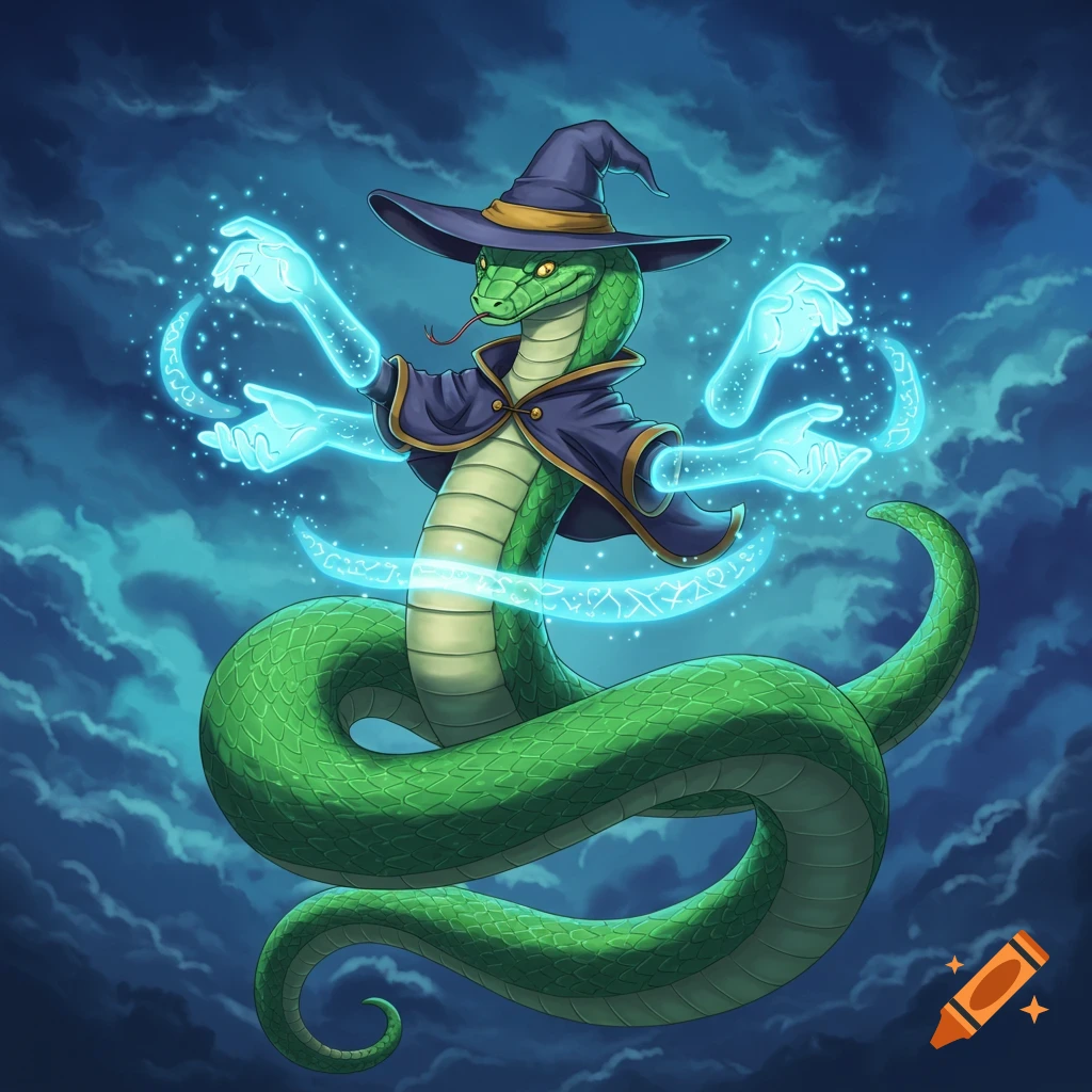 A green snake mage wearing a wizard hat, casting blue magic from glowing hands, in an anime style.