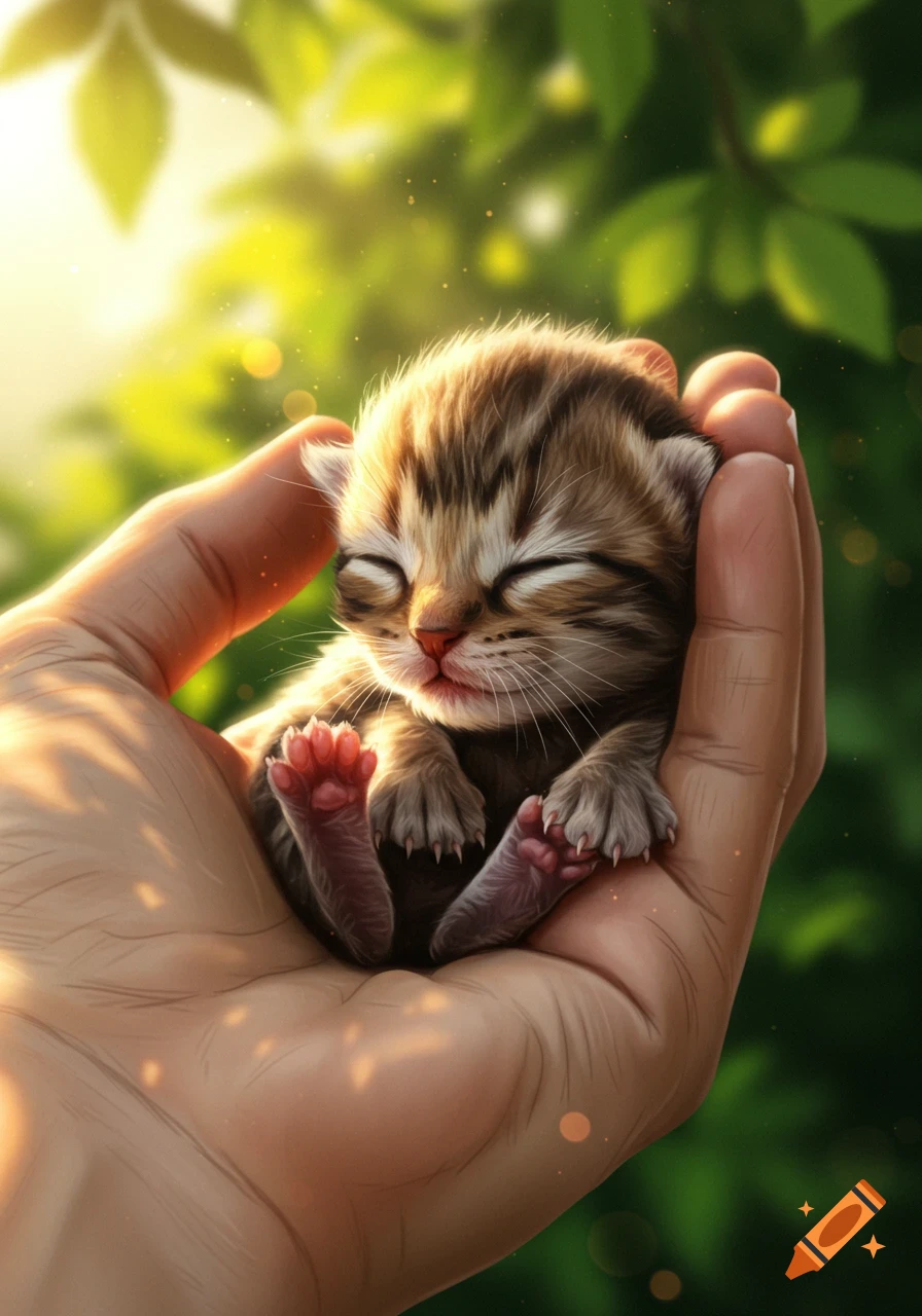 A tiny tabby kitten sleeps peacefully in a person's palm, bathed in sunlight with a blurry green background.