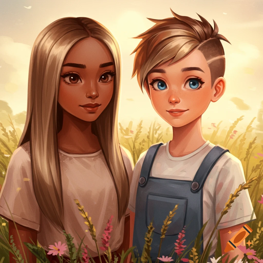 Two stylized girls, one with long blonde hair and one with short brown hair, stand in a sunny field with flowers and tall grass.