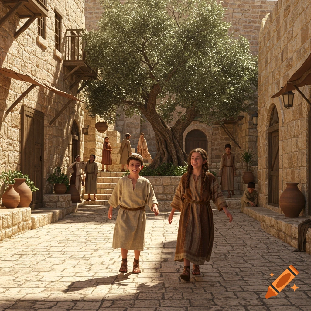 Photorealistic image of a boy and girl walking in an ancient stone city square with a large olive tree and other children in the background.