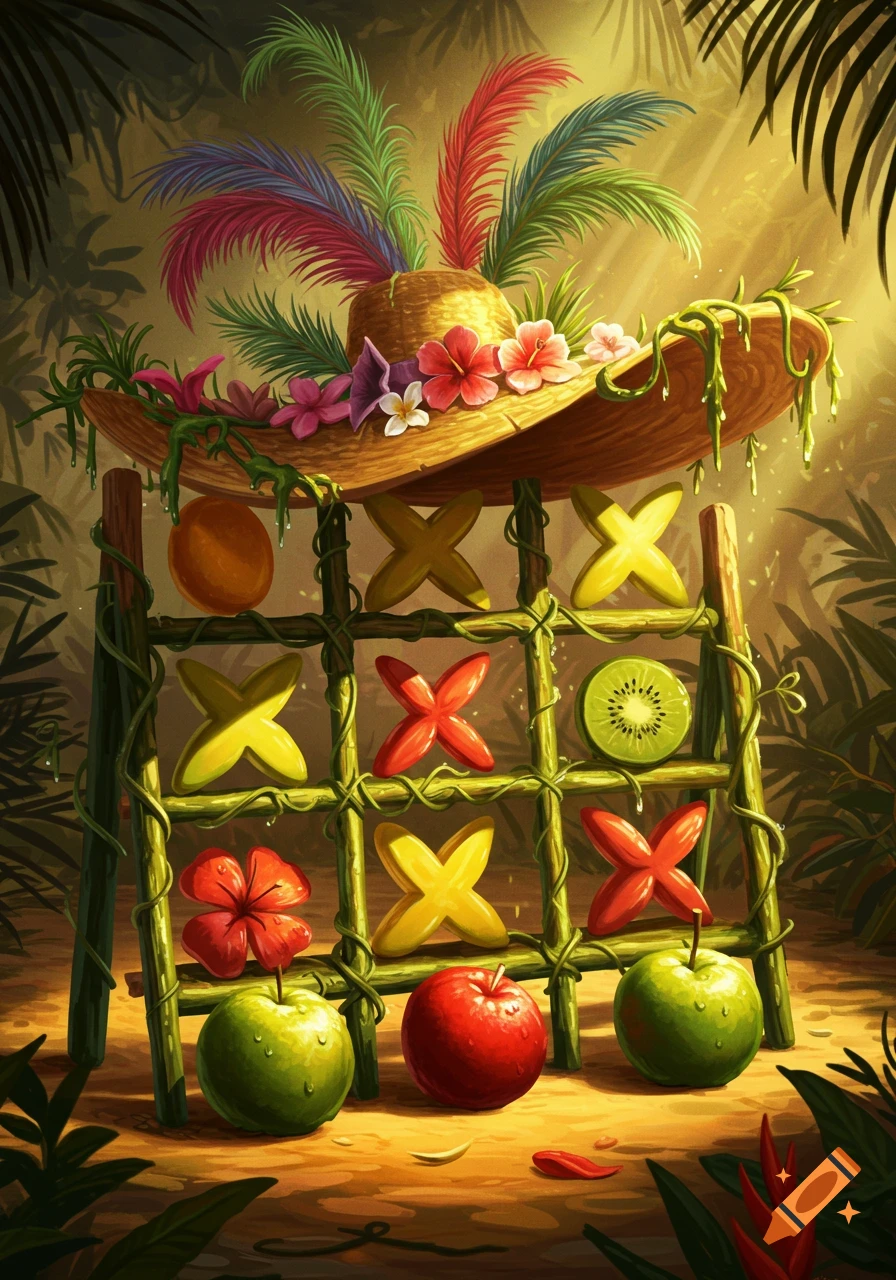 A vibrant illustration of a tropical tic-tac-toe game with fruit and flower markers, a feathered hat, and jungle background.