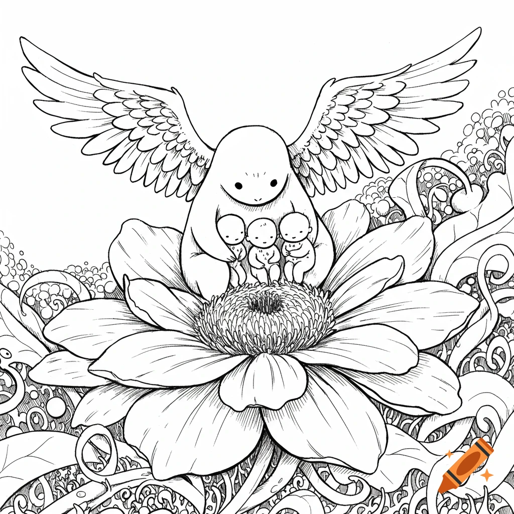 Whimsical line drawing of a winged creature embracing three small figures on a detailed flower with botanical designs.