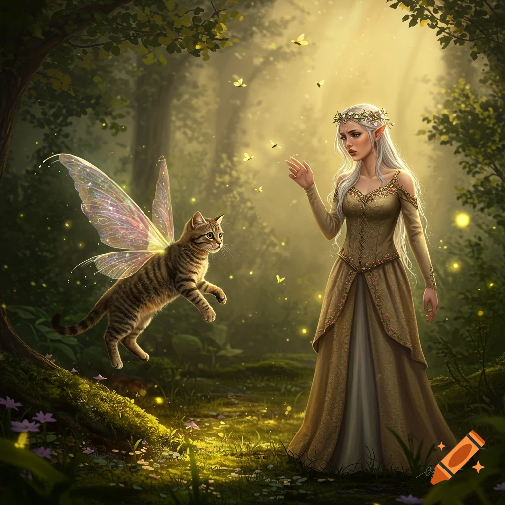 A winged tabby cat hovers near an annoyed elven princess in a sunlit, magical fantasy forest with glowing butterflies.
