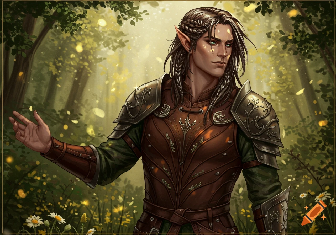 Handsome half-elf man in ornate leather armor standing in an enchanted forest with golden light and daisies, digital painting.
