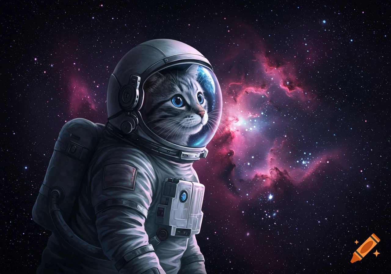 A tabby cat in an astronaut suit gazes into a vibrant purple nebula filled with stars.