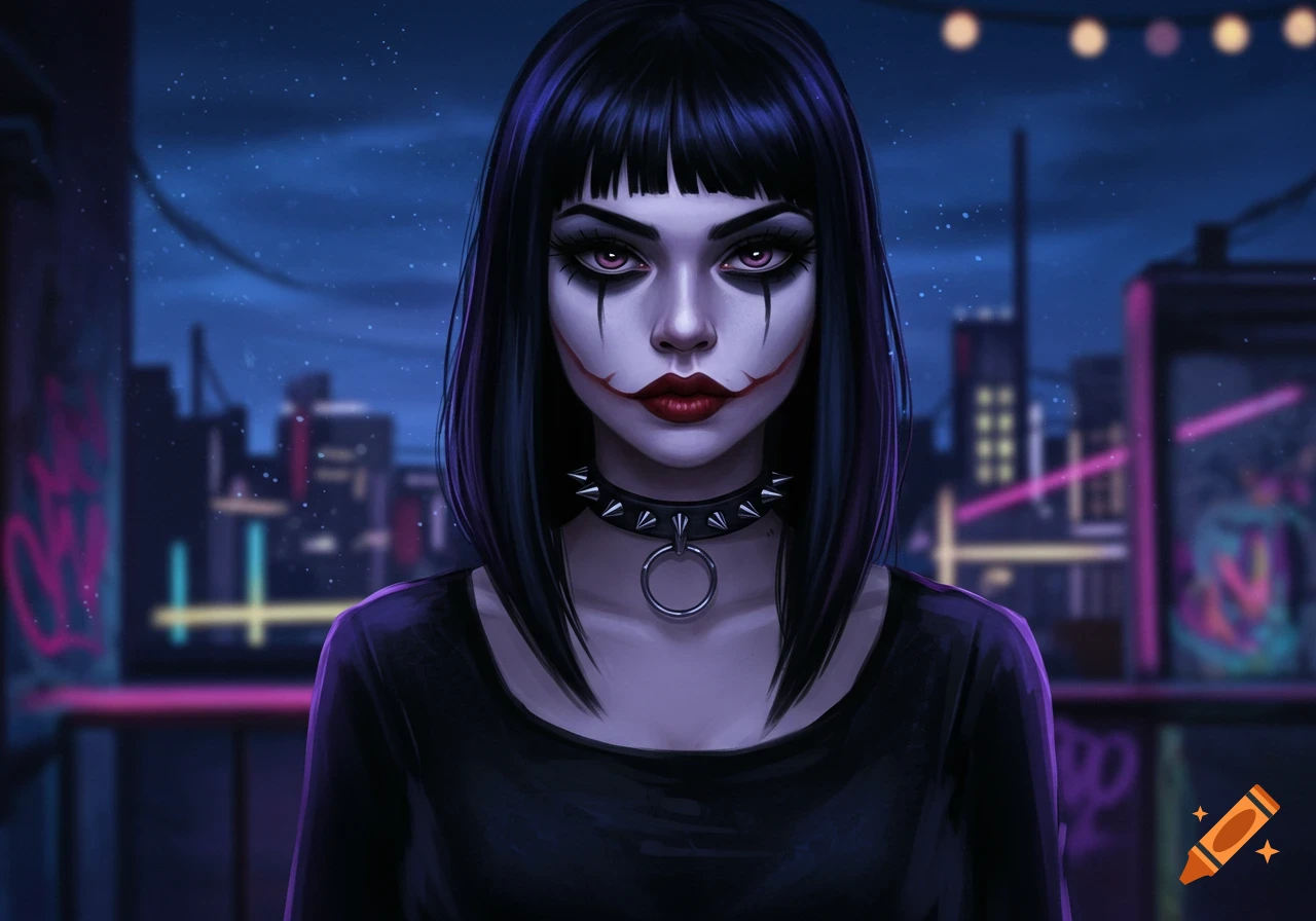 A woman with black bob hair, dark 'Joker' makeup, and a spiked choker stands against a blurry, dark cyberpunk city night background with neon lights. Digital art.