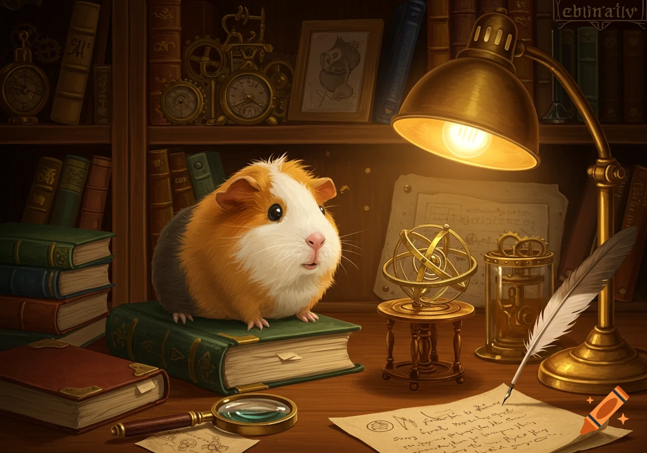A fluffy orange, white, and black guinea pig sits on a green book in a dimly lit, cozy, old-fashioned library study, surrounded by books, a magnifying glass, a quill, and a glowing brass lamp. Illustration.
