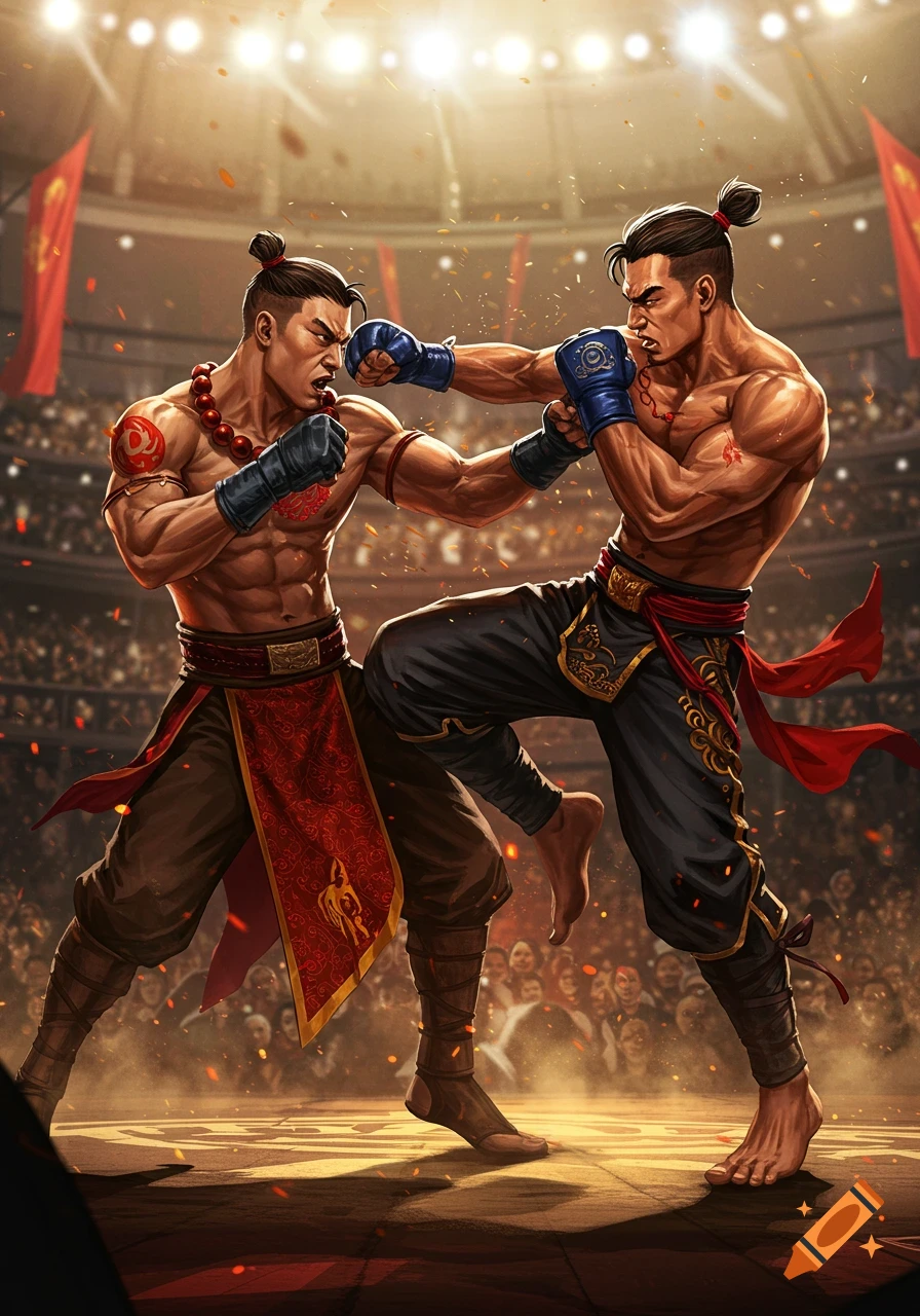 An intense illustration of two muscular martial artists in traditional attire fighting in a crowded arena under bright lights.
