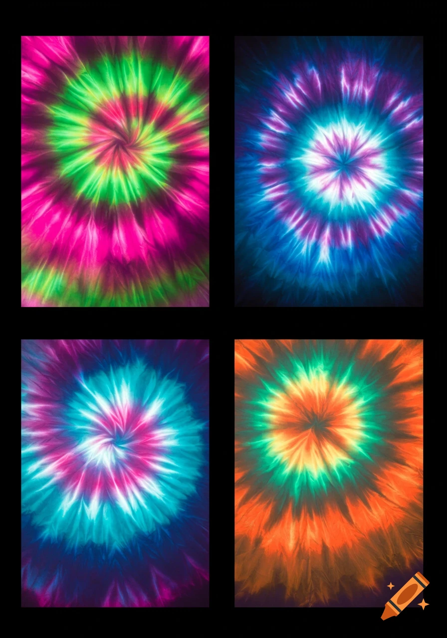Four vibrant, neon tie-dye patterns with swirling designs, featuring colors like pink, green, blue, purple, aqua, and orange.