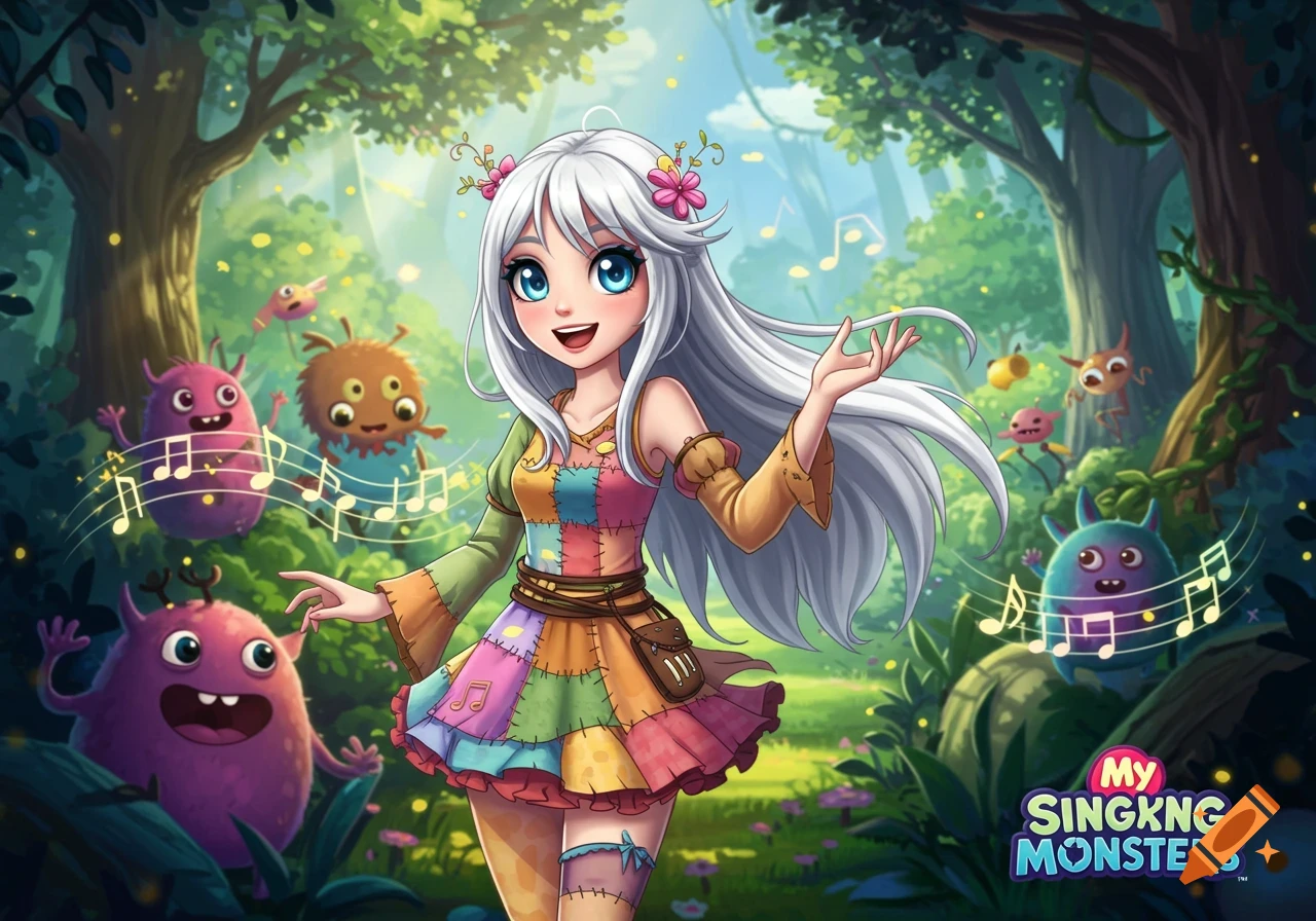 A cheerful anime girl with white hair and a patchwork dress sings with colorful cartoon monsters in a vibrant forest, with music notes floating around.