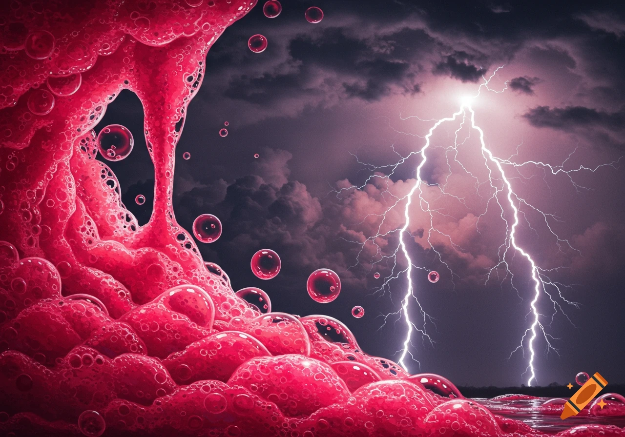 Red and pink frothy suds in the foreground with bright lightning in a dark, stormy sky.