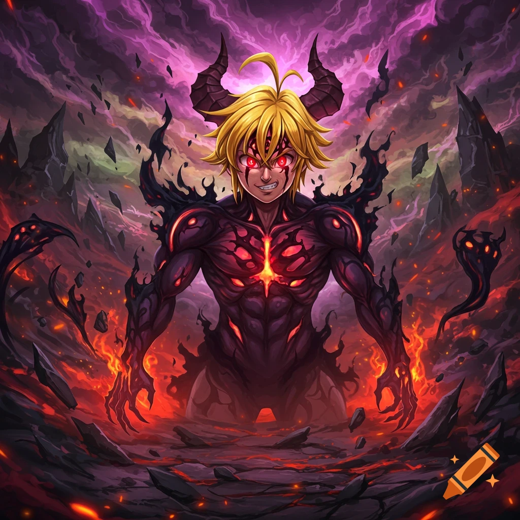 Anime art of Meliodas in demon form, with blonde hair, red eyes, horns, and glowing red demonic skin, stands in a fiery landscape.