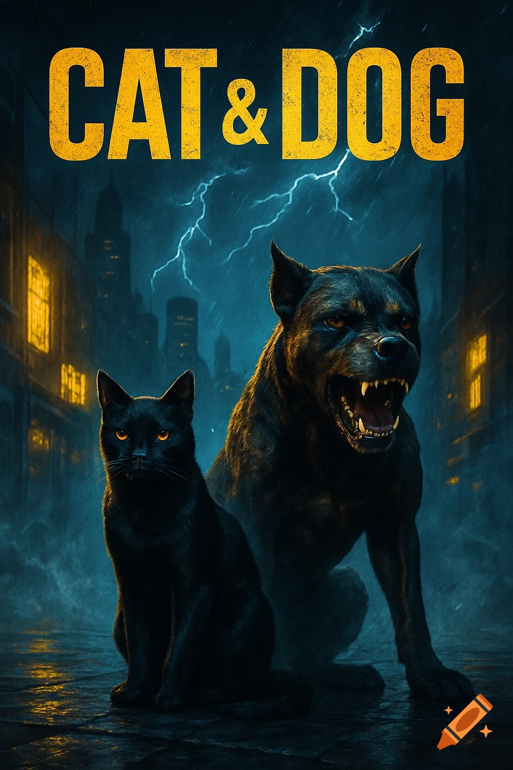 Dramatic movie poster for 'CAT & DOG' featuring a menacing dog and a calm cat in a stormy city.