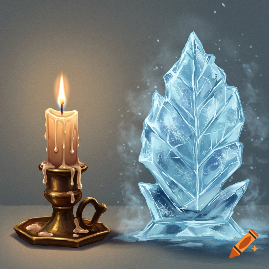 A lit candle in a brass holder next to a melting ice sculpture shaped like a leaf, illustrating warmth and cold.