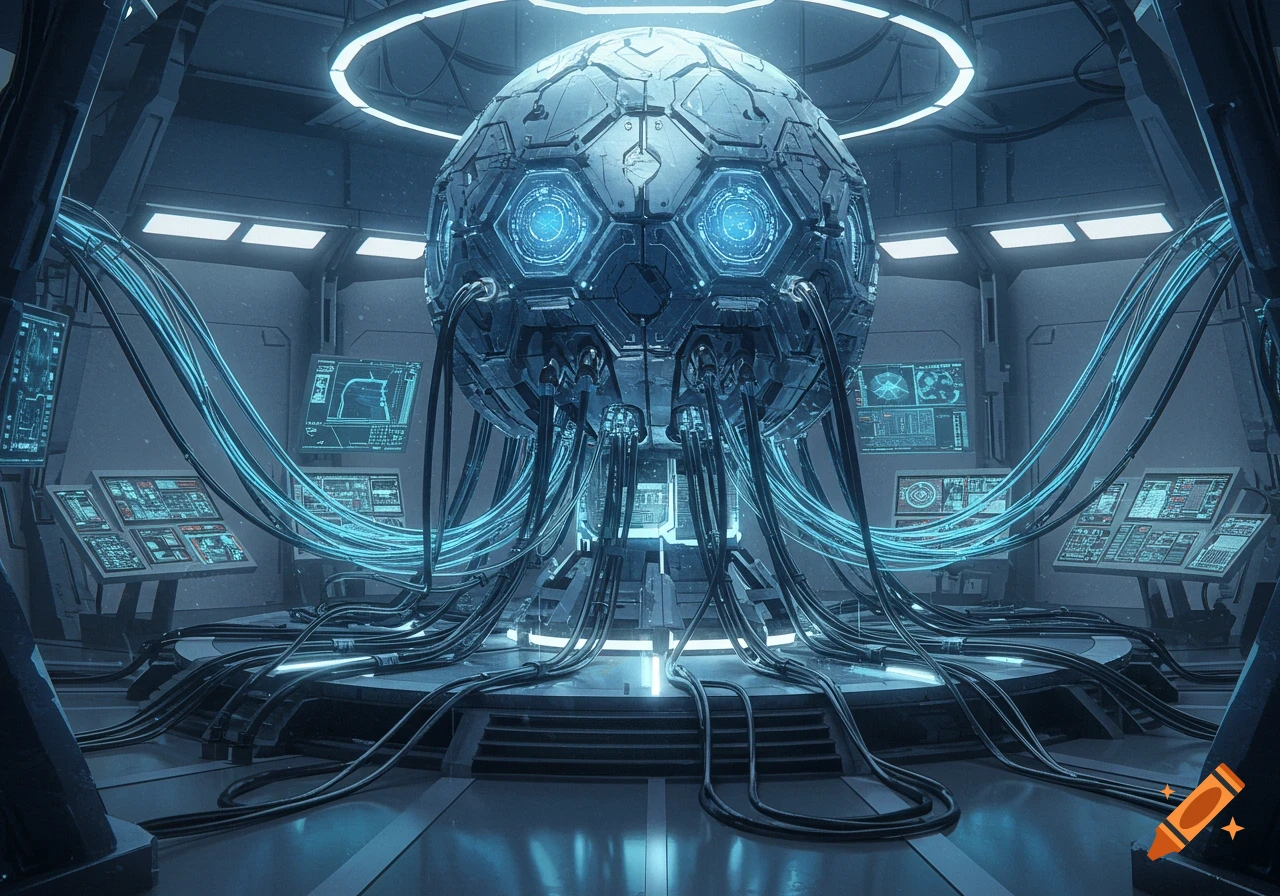 A futuristic control room features a large, metallic, spherical core with glowing blue lights and numerous cables connecting to screens displaying data.