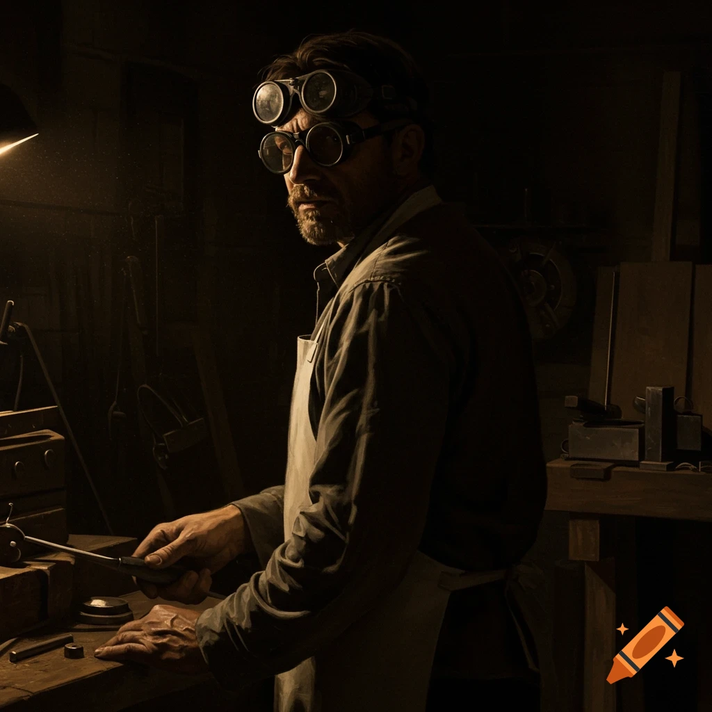 Chiaroscuro oil painting of a bearded man in an apron and goggles working in a dimly lit workshop, looking over his shoulder.