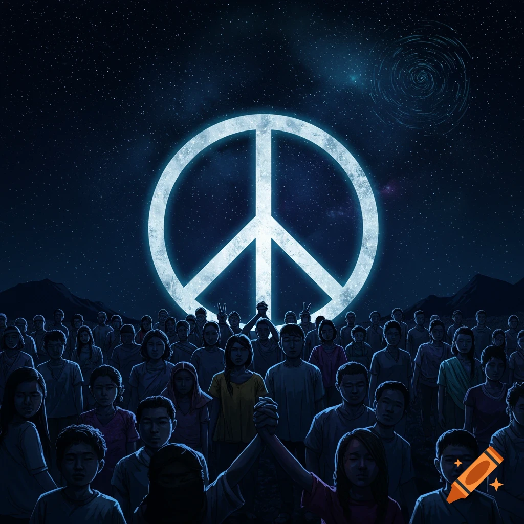 An illustrated crowd of people standing under a starry night sky, illuminated by a giant glowing peace symbol.