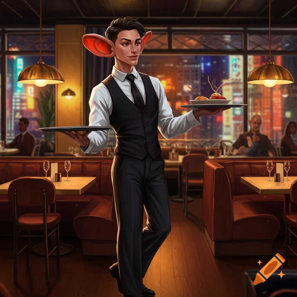 A fantasy waiter with large red ears serves food in a fancy restaurant at night.