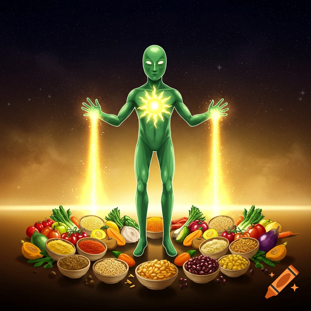 A green humanoid hero with a glowing sun on its chest, sending beams of light onto a circle of fresh vegetables, fruits, and grains.