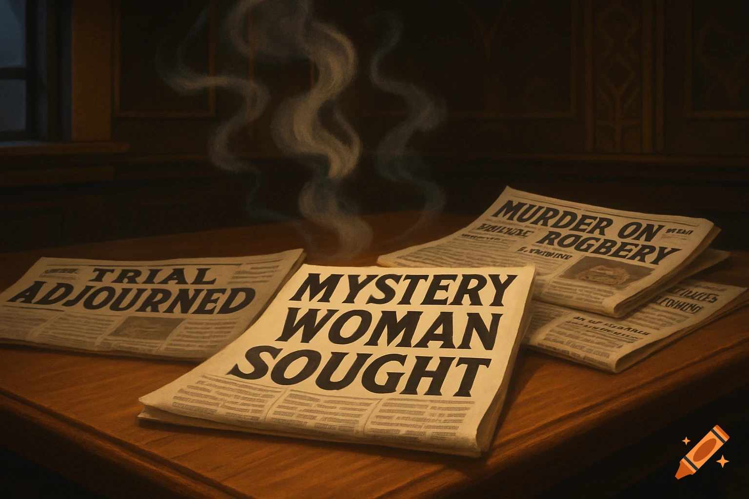 A wooden table is covered with several newspapers featuring dramatic headlines in a moody, cinematic, animated style. Smoke rises above.