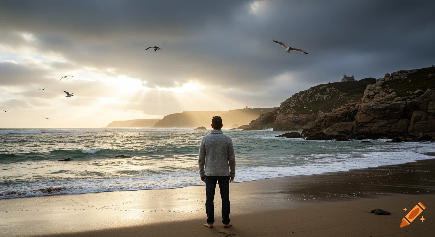 A man stands on a sandy beach, gazing at the ocean waves under a dramatic sunset sky with seagulls and cliffs.