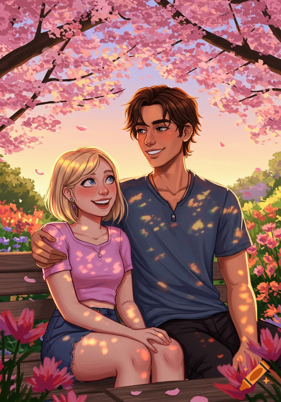 A cartoon couple sits smiling on a bench under a pink cherry blossom tree, bathed in dappled sunlight.