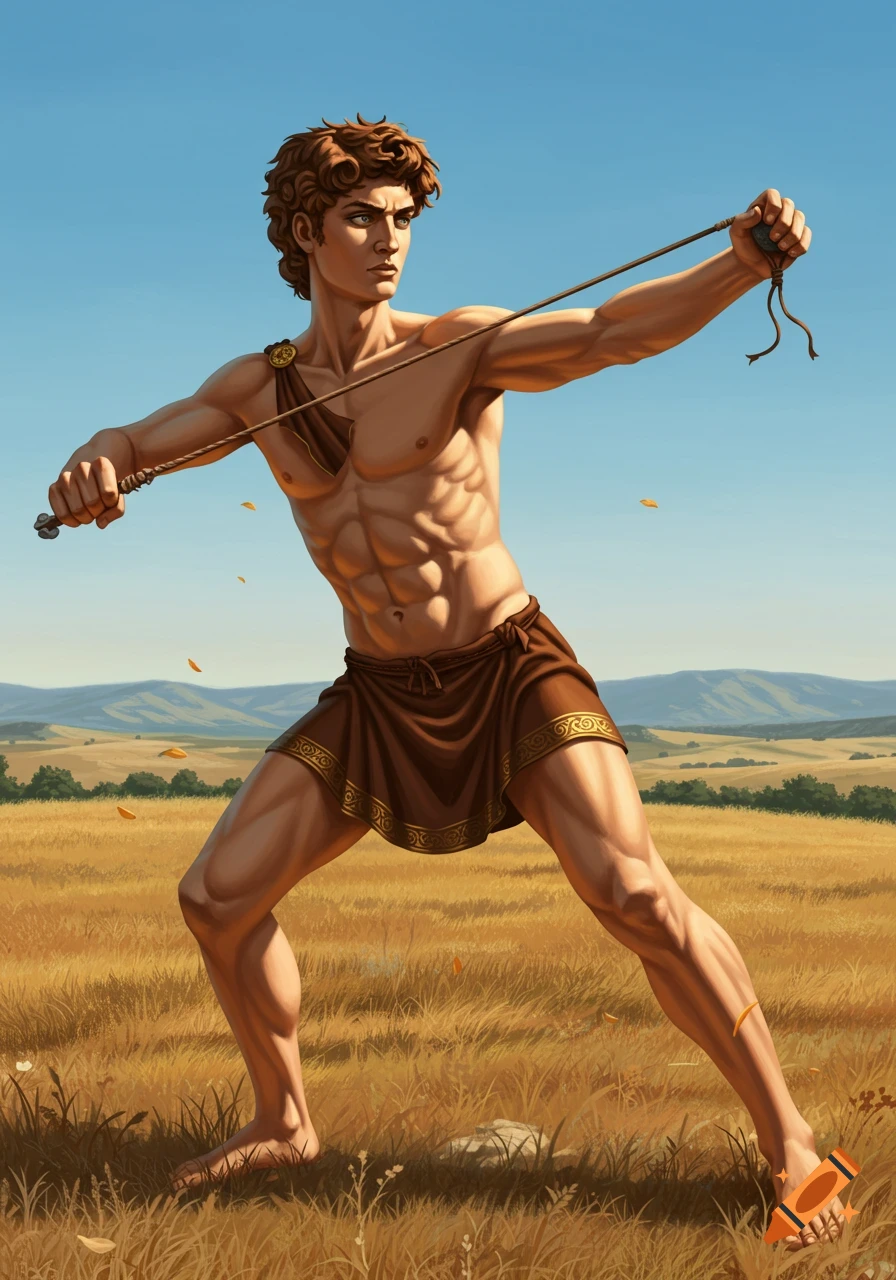 Illustrative depiction of muscular David in a brown tunic, preparing to sling a stone in a grassy field under a blue sky.