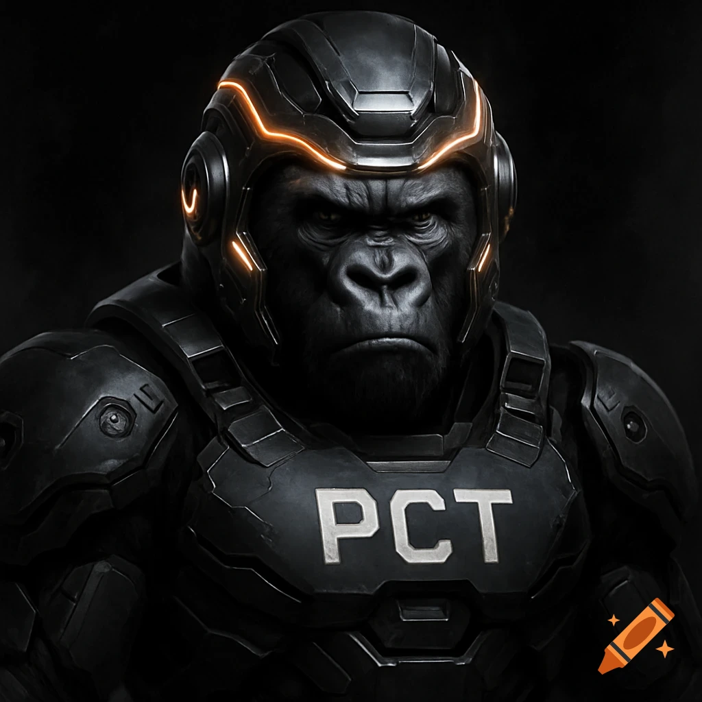 Menacing gorilla in futuristic black armor with glowing orange trim and 'PCT' on the chest plate.