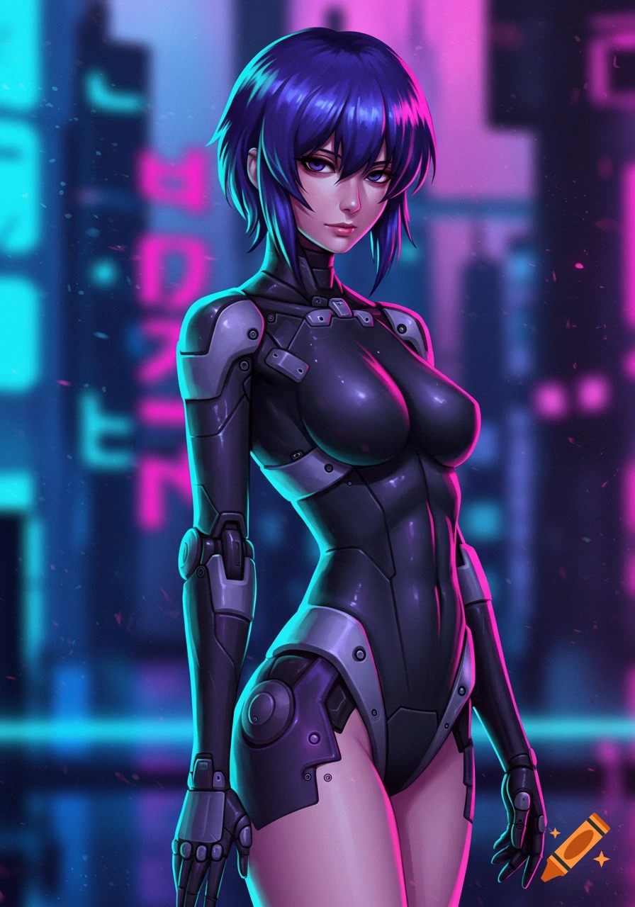 Major Kusanagi in a black and silver cybernetic suit stands in a neon-lit cyberpunk city, anime style.