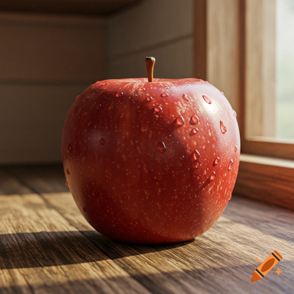 Vibrant red apple with water droplets on a wooden table next to a sunlit window, photorealistic.