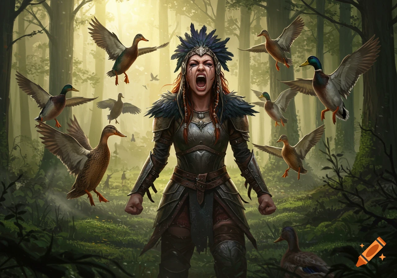A fierce warrior woman with a feathered headdress screams, surrounded by flying ducks in a vibrant, sunlit forest. Detailed digital art.