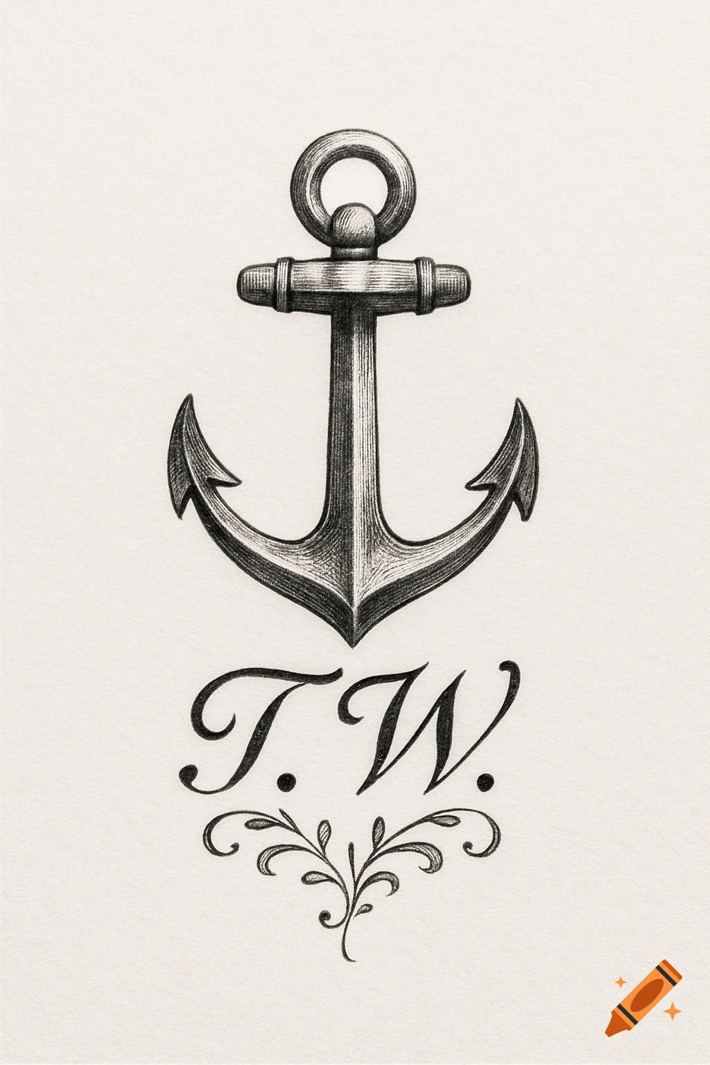 Detailed monochrome illustration of a classic anchor with the initials 'T.W.' and decorative flourishes below.