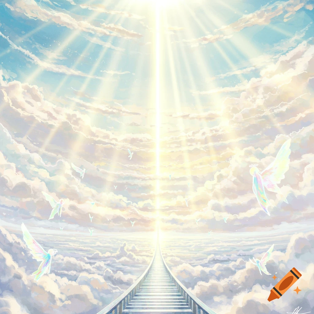An ethereal stairway leads up through fluffy clouds towards a bright light in a heavenly sky, with glowing, winged figures flying around.