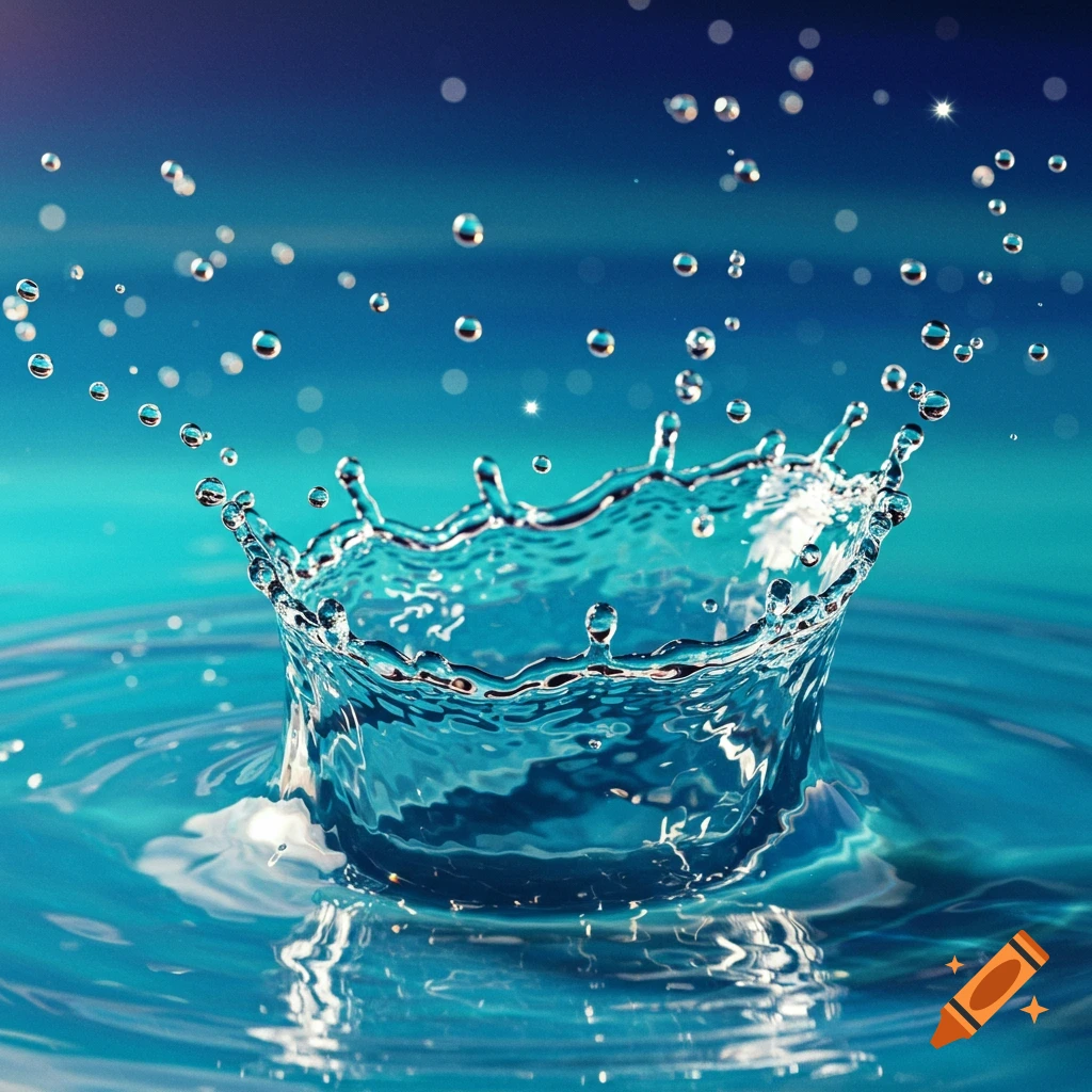 A photorealistic close-up of a water drop creating a splash and crown of ripples and droplets on a vibrant blue surface.