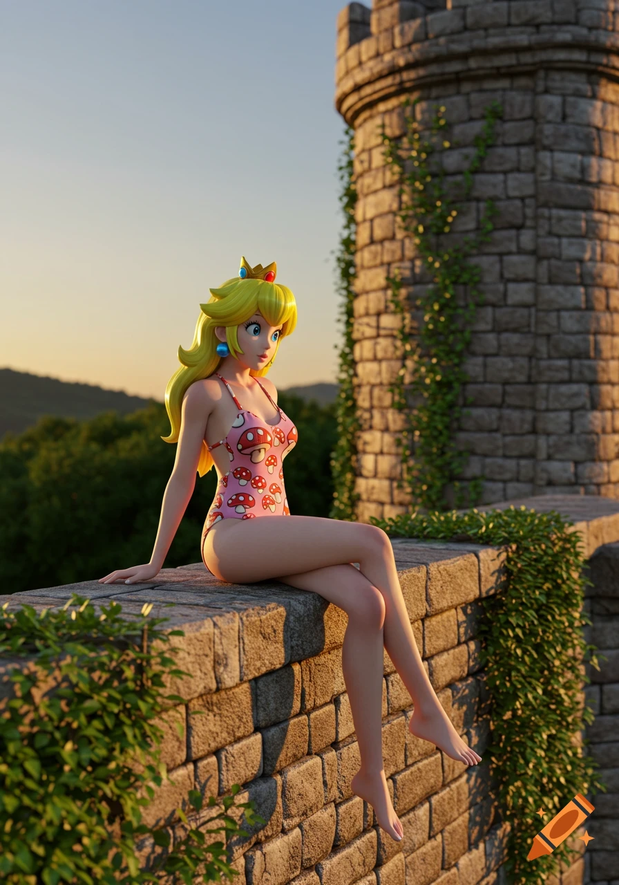 Princess Peach in a mushroom swimsuit sits on a stone castle wall at sunset with a tower. Stylized 3D render.