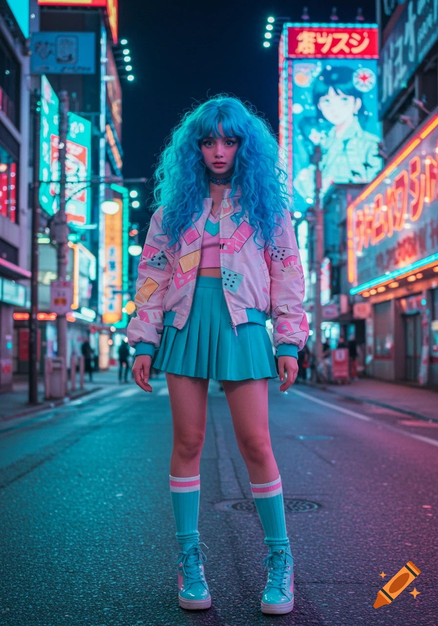 Young woman with bright blue curly hair, pink crop top, pleated blue skirt, and bomber jacket with colorful geometric patterns, standing on a neon-lit urban street at night.