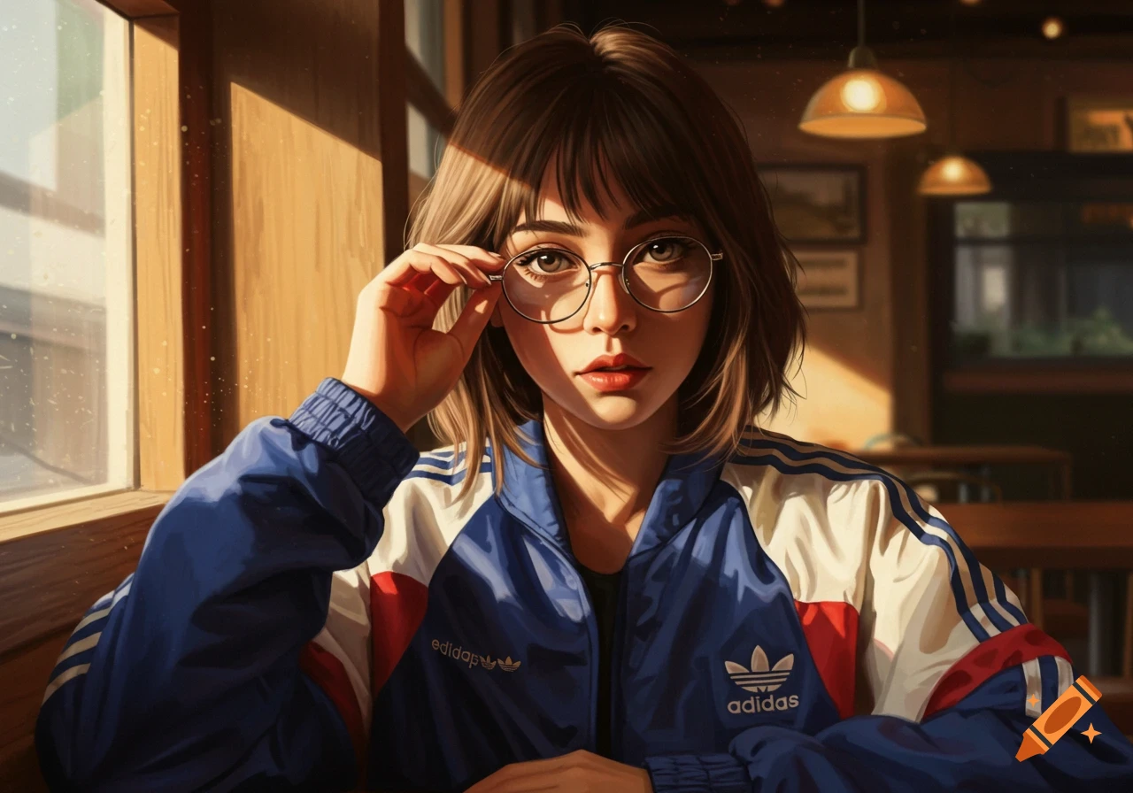 Digital painting of a woman in an Adidas track jacket and glasses, looking at the viewer in a sunlit room.