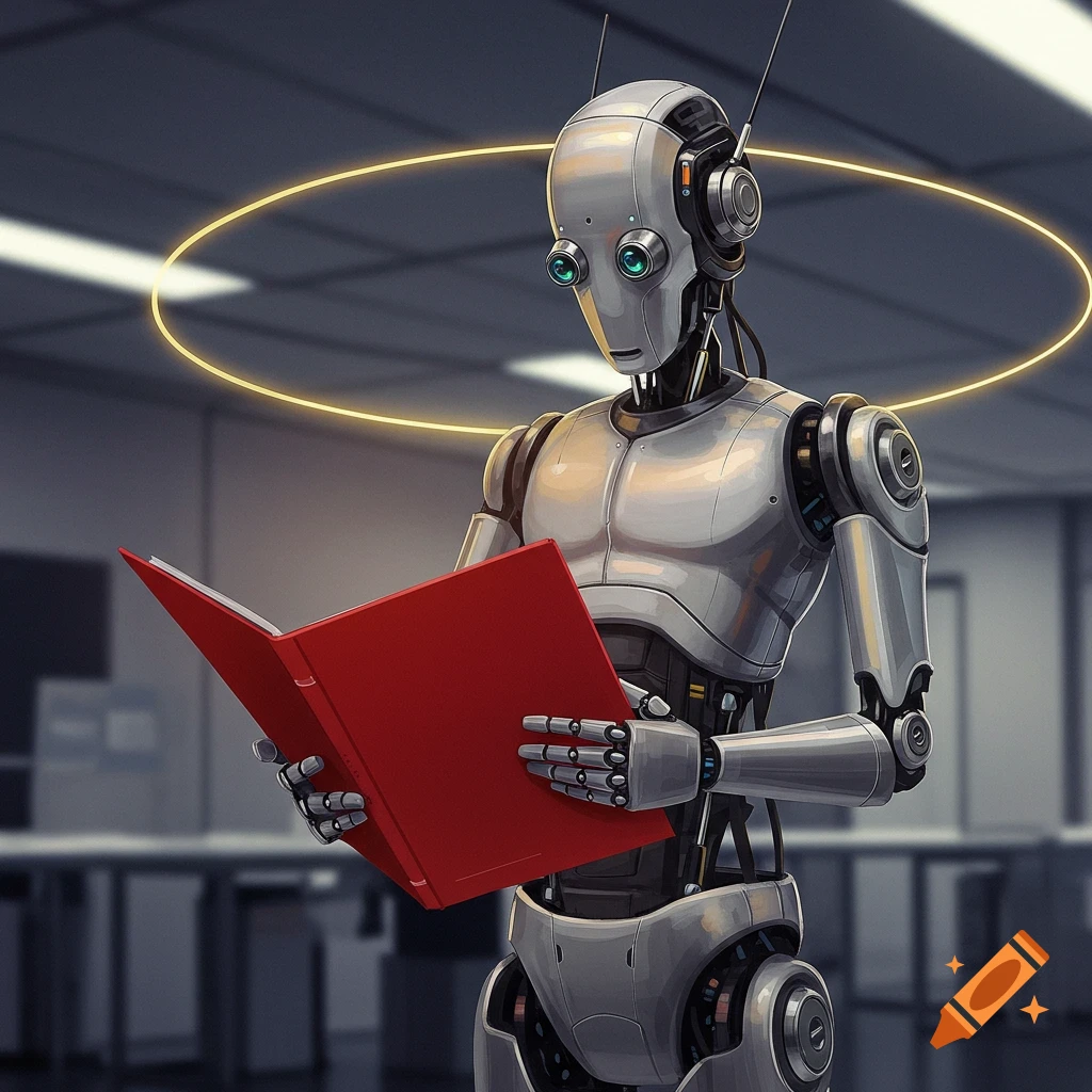 A detailed silver robot with antennae reads a red book in an office, with a glowing halo above its head.