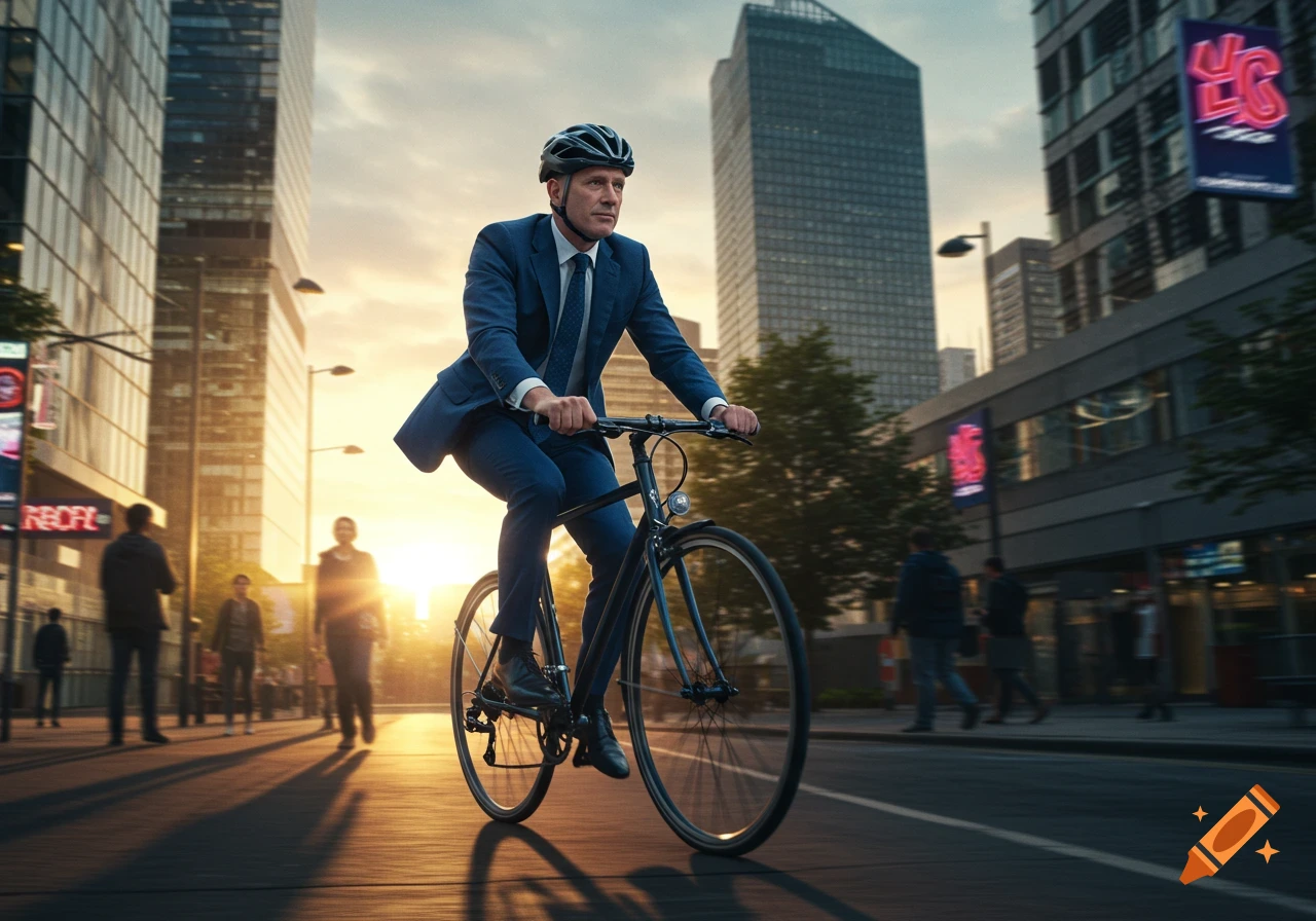 A businessman in a suit and helmet rides a bicycle through a sunny city street at sunset.