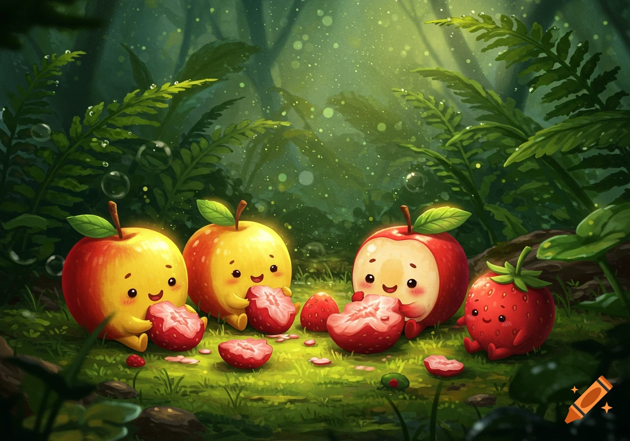 Cute anthropomorphic apples and strawberries with smiling faces eating strawberry slices in a magical, glowing forest.