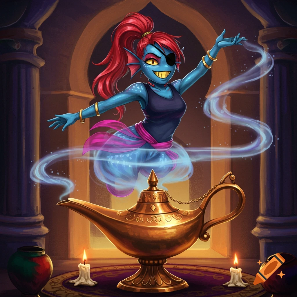 Undyne from Undertale as a blue genie with red hair and an eyepatch, emerging from a golden magic lamp in an ornate room. Vibrant illustration.