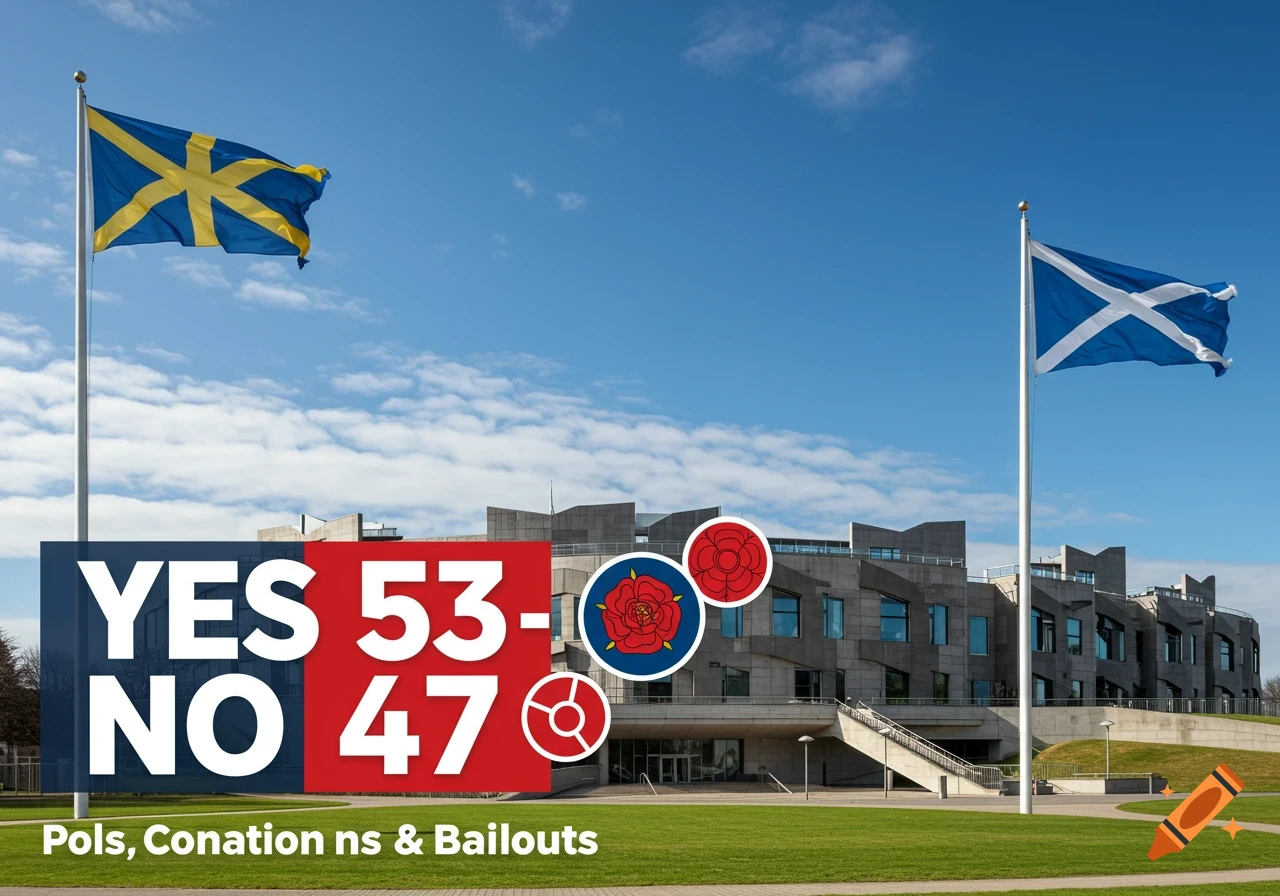 The Scottish Parliament building with two flags flying, one a Saltire, and an overlay showing 'YES 53- NO 47' and other text.