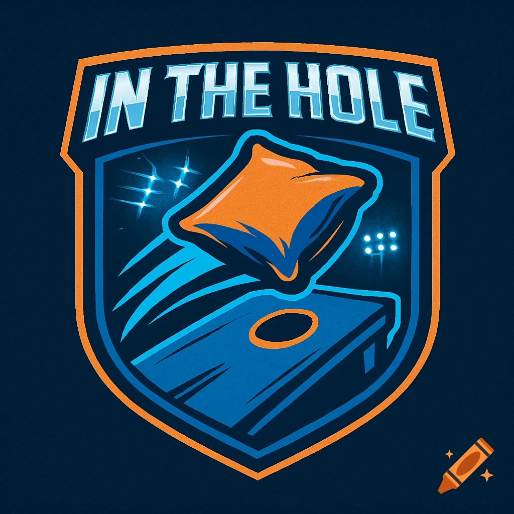 A graphic sports logo for "In the Hole", featuring an orange cornhole bag flying towards a blue cornhole board within a shield.