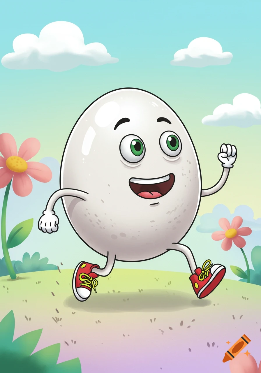 A happy cartoon egg character with green eyes and red sneakers runs through a grassy field with pink flowers and white clouds.