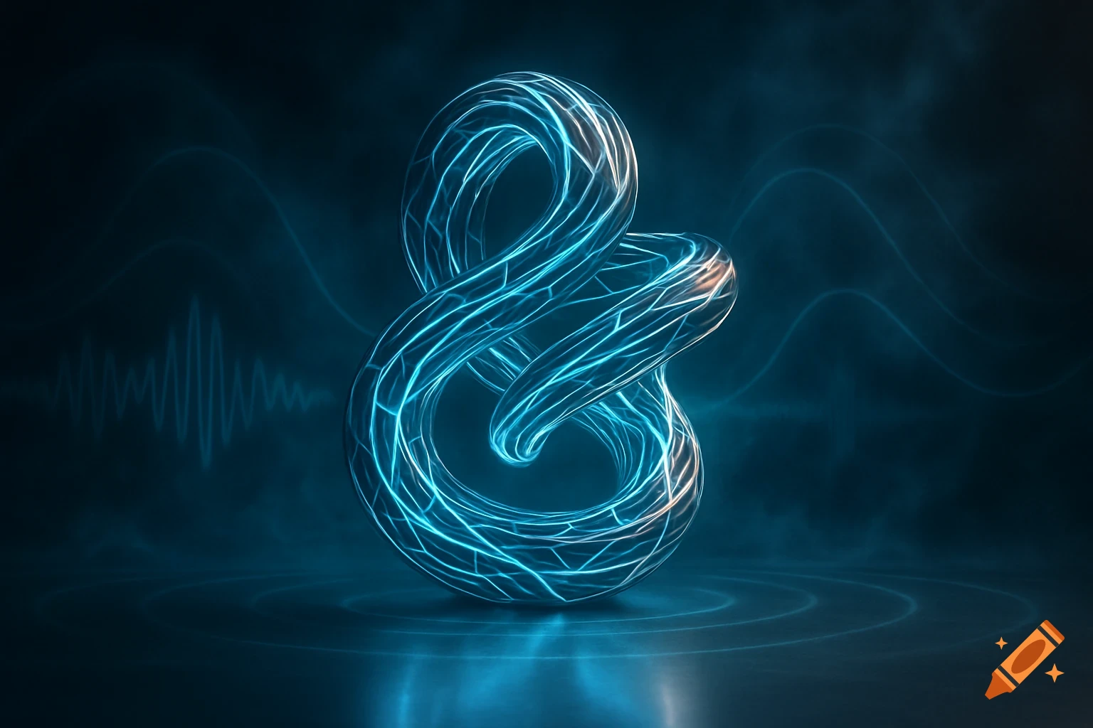 Glowing, intertwined abstract shape with intricate blue lines, on a reflective surface with dark, futuristic background and blue wave patterns.