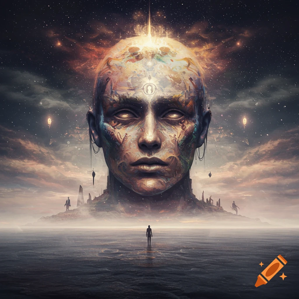 A giant, ancient head emerges from a misty ocean under a cosmic sky, a small figure stands on the water looking at it.