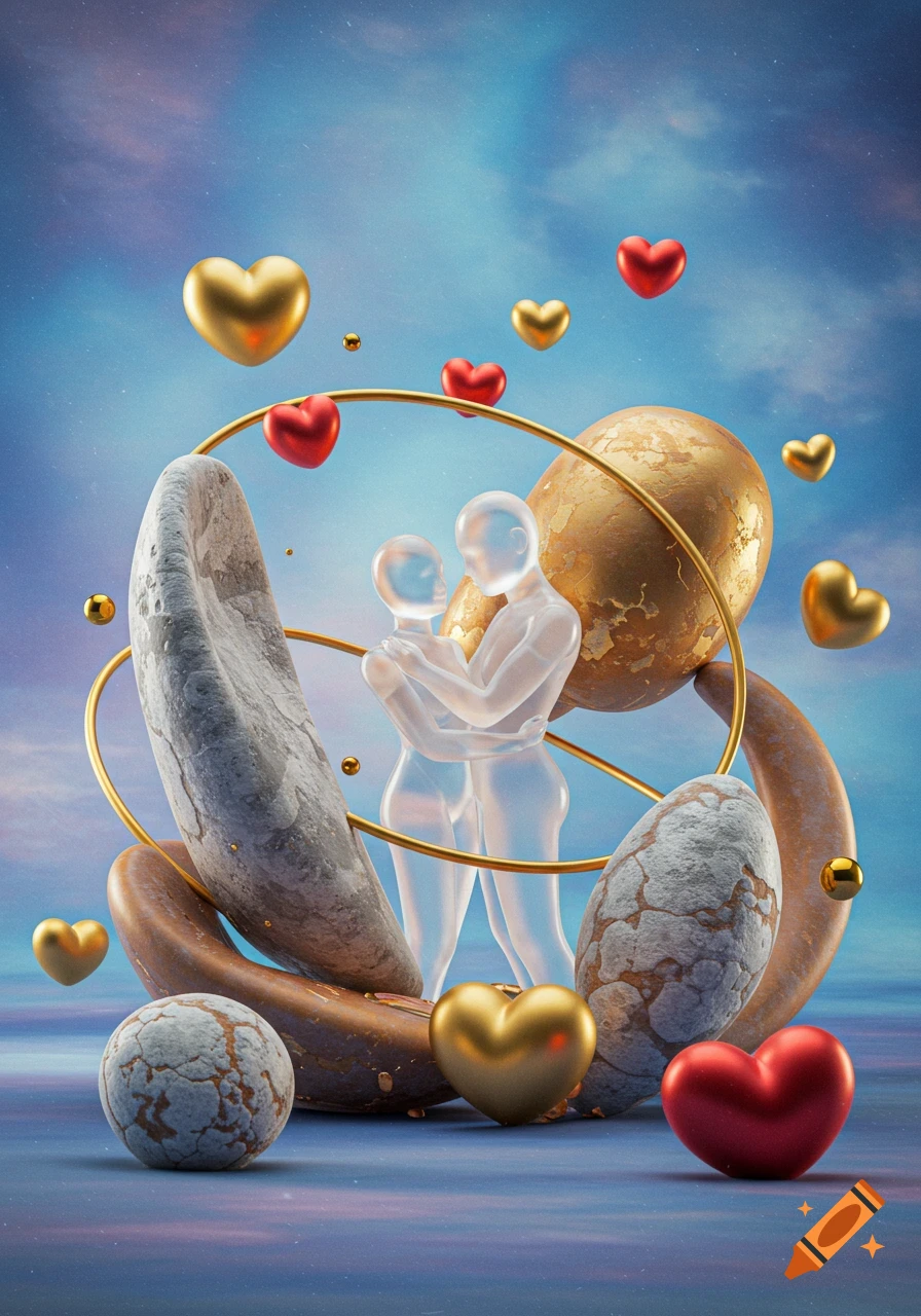 Two translucent figures embrace amidst floating gold and red hearts, abstract stone, and golden spheres against a dreamy blue sky.